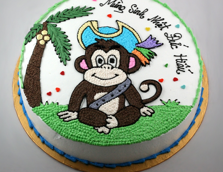 Bánh fondant màu xanh hình chú khỉ ăn chuối tặng bé trai 4 tuổi - Bánh  Thiên Thần : Chuyên nhận đặt bánh sinh nhật theo mẫu